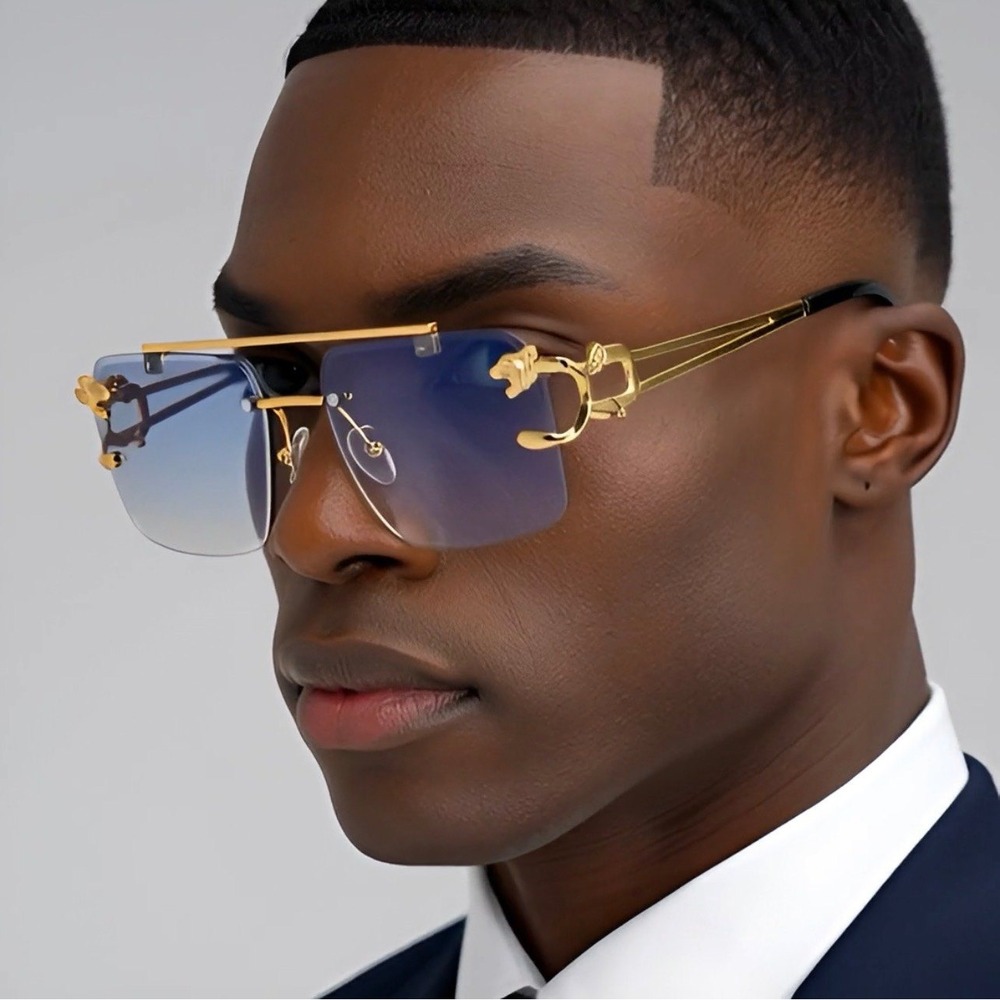 Men's Luxury Sky Blue Tint Square Gold Frame Rimless Hip‎ Hop Fashion Sunglasses